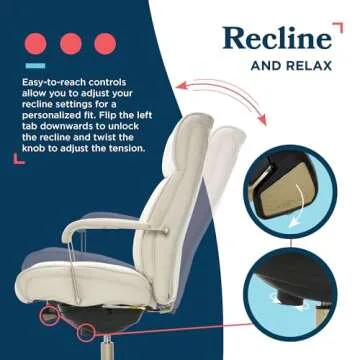 La-Z-Boy Melrose Executive Office, Adjustable High Back Ergonomic Computer Chair with Lumbar Support, Brass Finish, Ivory White Bonded Leather 30D x 25.25W x 40.25H Inch