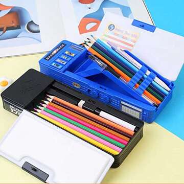 Pop Up Multifunction Pencil Case, Cute Cartoon Pen Box Organizer Stationery with Password Lock, Sharpener, Schedule, Whiteboard, School Supplies, Best Birthday Gifts for Kids Teens, Blue, no