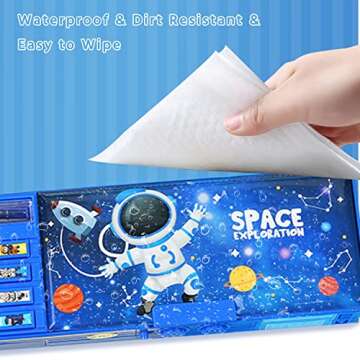 Pop Up Multifunction Pencil Case, Cute Cartoon Pen Box Organizer Stationery with Password Lock, Sharpener, Schedule, Whiteboard, School Supplies, Best Birthday Gifts for Kids Teens, Blue, no