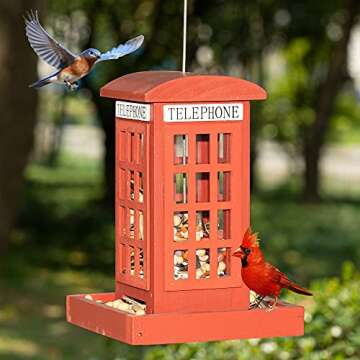 NEROSUN Wooden Hanging Wild Bird Feeders for Outside, Red British Phone Booth Bird Feeder for Yard, Garden and Lawn Decorations