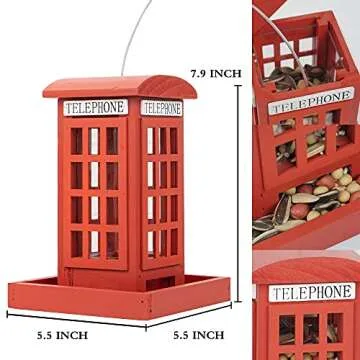 NEROSUN Wooden Hanging Wild Bird Feeders for Outside, Red British Phone Booth Bird Feeder for Yard, Garden and Lawn Decorations
