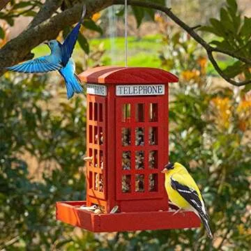 NEROSUN Wooden Hanging Wild Bird Feeders for Outside, Red British Phone Booth Bird Feeder for Yard, Garden and Lawn Decorations