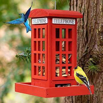 NEROSUN Wooden Hanging Wild Bird Feeders for Outside, Red British Phone Booth Bird Feeder for Yard, Garden and Lawn Decorations