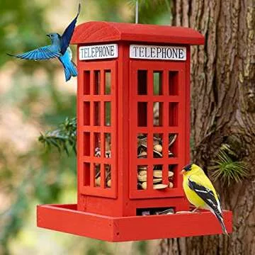 NEROSUN Wooden Hanging Wild Bird Feeders for Outside, Red British Phone Booth Bird Feeder for Yard, Garden and Lawn Decorations