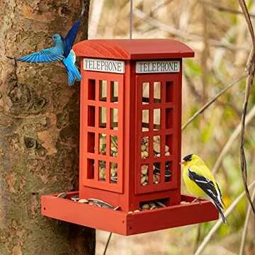 NEROSUN Wooden Hanging Wild Bird Feeders for Outside, Red British Phone Booth Bird Feeder for Yard, Garden and Lawn Decorations