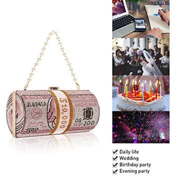 TANOSII Women Stack of Cash Evening Bag Crystal Rhinestone Clutch Money Shoulder Bag Dollar Bill Purse Cylindrical Shape Pink
