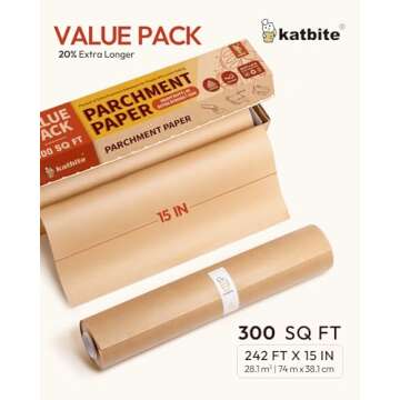Katbite 15in x 242ft Unbleached Parchment Paper Roll, 300 Sq.Ft, Non-Stick with Serrated Cutter for ...