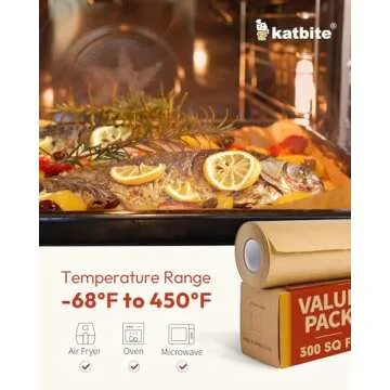 Katbite 15in x 242ft Unbleached Parchment Paper Roll, 300 Sq.Ft, Non-Stick with Serrated Cutter for Baking, Cooking, Air Fryer