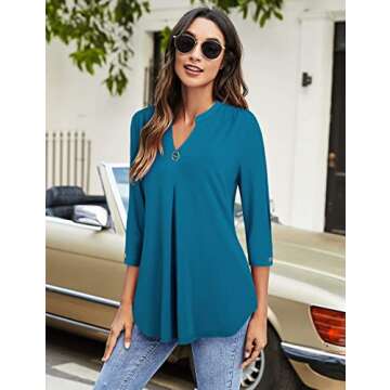 VALOLIA Women Tops and Blouses, Ladies Shirts 3/4 Sleeve Blouse Elegant V Neck Pleated Blouses Office High Low Hem Tunic Blouse Plus Size Flowy Tops for Women Dark Cyan XX-Large