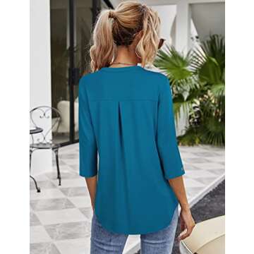 VALOLIA Women Tops and Blouses, Ladies Shirts 3/4 Sleeve Blouse Elegant V Neck Pleated Blouses Office High Low Hem Tunic Blouse Plus Size Flowy Tops for Women Dark Cyan XX-Large