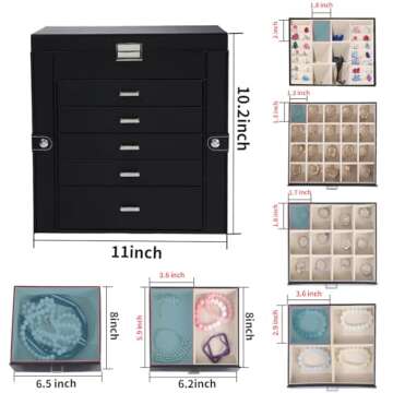 BOOVO Jewelry Box For women, 6 Layer Large Jewelry Organizer With Mirror, Multi-Function Storage Box With Lock, Accessory Holder With 5 Drawers, For Earrings Necklace Ring Bracelet (Clear Black)
