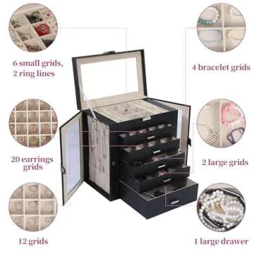 BOOVO Jewelry Box For women, 6 Layer Large Jewelry Organizer With Mirror, Multi-Function Storage Box With Lock, Accessory Holder With 5 Drawers, For Earrings Necklace Ring Bracelet (Clear Black)