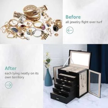 BOOVO Jewelry Box For women, 6 Layer Large Jewelry Organizer With Mirror, Multi-Function Storage Box With Lock, Accessory Holder With 5 Drawers, For Earrings Necklace Ring Bracelet (Clear Black)