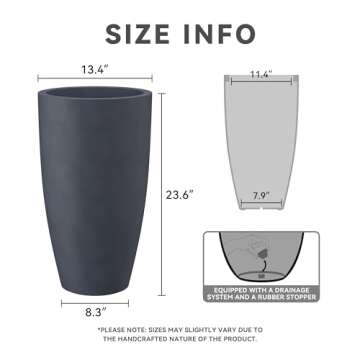 Kante 23.6" H Charcoal Concrete Tall Planters (Set of 2), Large Outdoor Indoor Decorative Plant Pots with Drainage Hole and Rubber Plug, Modern Style for Home and Garden