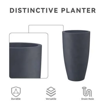Kante 23.6" H Charcoal Concrete Tall Planters (Set of 2), Large Outdoor Indoor Decorative Plant Pots with Drainage Hole and Rubber Plug, Modern Style for Home and Garden