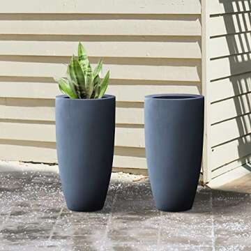 Kante 23.6" H Charcoal Concrete Tall Planters (Set of 2), Large Outdoor Indoor Decorative Plant Pots with Drainage Hole and Rubber Plug, Modern Style for Home and Garden