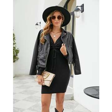 Blooming Jelly Womens Long Sleeve Sweater Dress Sexy Mini Dress Winter Knit Bodycon Dresses (Medium, Black)