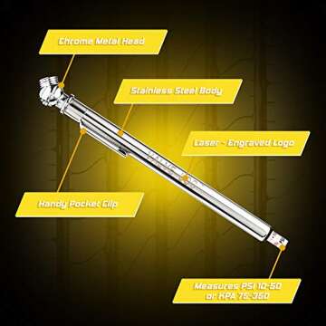 Valve-Loc Pencil Tire Pressure Gauge (2-Pack) 10-50 PSI/kPA | Heavy-Duty Chrome Metal Head and Stainless Steel Body for Cars, Trucks, RVs and Bicycles, Includes 4 Black Stem Caps