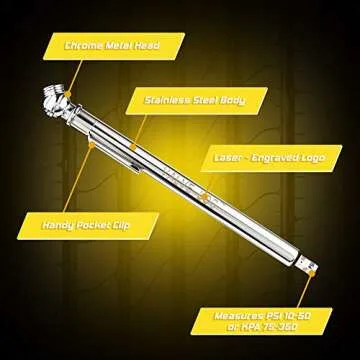 Valve-Loc Pencil Tire Pressure Gauge (2-Pack) 10-50 PSI/kPA | Heavy-Duty Chrome Metal Head and Stainless Steel Body for Cars, Trucks, RVs and Bicycles, Includes 4 Black Stem Caps