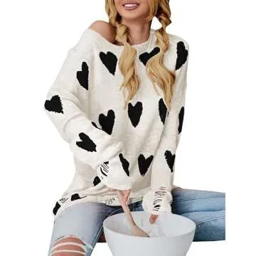 Tutorutor Womens Off The Shoulder Sweaters Oversized Lightweight Long Sleeve Cute Heart Loose Fit Knit Hollow Pullover Blouse White Black