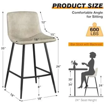 5Rcom 600 lbs Counter Height Bar Stools Set of 3, 24 Inch Leathaire Barstools with Back, Bar Chairs with Metal Legs for Kitchen Island, Dining Room, Party Room & Restaurant, (Beige)