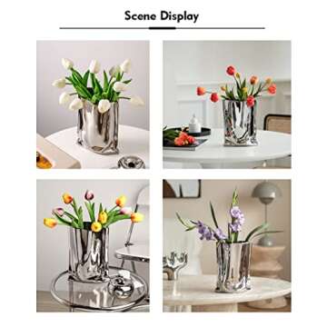 Silver Flower Vase, 9.2 Inch Tall Minimalist Ceramic Vase, Eclectic Flowerpot for Home Office Table ...