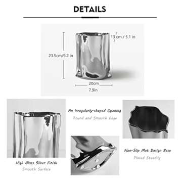 Silver Flower Vase, 9.2 Inch Tall Minimalist Ceramic Vase, Eclectic Flowerpot for Home Office Table Decor Housewarming Wedding Birthday Festival Gift