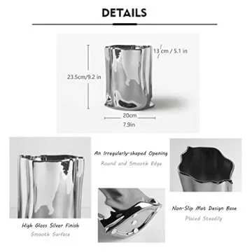 Silver Flower Vase, 9.2 Inch Tall Minimalist Ceramic Vase, Eclectic Flowerpot for Home Office Table Decor Housewarming Wedding Birthday Festival Gift