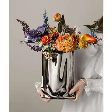 Silver Flower Vase, 9.2 Inch Tall Minimalist Ceramic Vase, Eclectic Flowerpot for Home Office Table Decor Housewarming Wedding Birthday Festival Gift