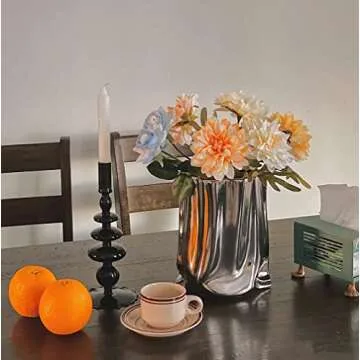 Silver Flower Vase, 9.2 Inch Tall Minimalist Ceramic Vase, Eclectic Flowerpot for Home Office Table Decor Housewarming Wedding Birthday Festival Gift