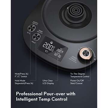 Gooseneck Kettle Temperature Control, Pour Over Electric Kettle for Coffee and Tea, 100% Stainless Steel Inner, 1200W Rapid Heating, 0.8L, Built-in Stopwatch, Matte Black