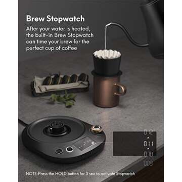Gooseneck Kettle Temperature Control, Pour Over Electric Kettle for Coffee and Tea, 100% Stainless Steel Inner, 1200W Rapid Heating, 0.8L, Built-in Stopwatch, Matte Black
