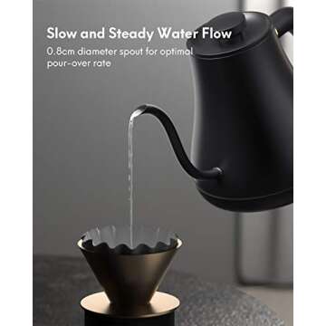 Gooseneck Kettle Temperature Control, Pour Over Electric Kettle for Coffee and Tea, 100% Stainless Steel Inner, 1200W Rapid Heating, 0.8L, Built-in Stopwatch, Matte Black