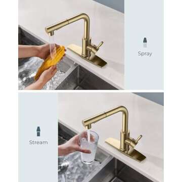 FORIOUS Gold Kitchen Faucets Pull Out Sprayer Stainless Steel, Single Handle Classic Sink Faucet with Deck Plate for 1 or 3 Holes, Suitable for Bar RV Farhouse Laundry