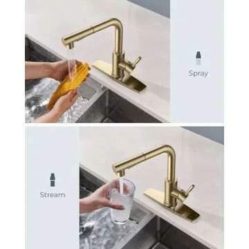 FORIOUS Gold Kitchen Faucets Pull Out Sprayer Stainless Steel, Single Handle Classic Sink Faucet with Deck Plate for 1 or 3 Holes, Suitable for Bar RV Farhouse Laundry