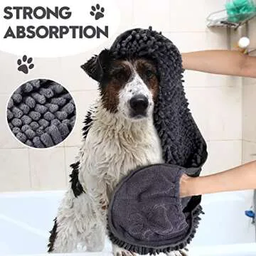 Newwiee 4 Pcs Large Dog Shammy Towel for Drying 32 x 14 in Microfiber Absorbent, Quick Drying Dog Bath Towel with Hand Pocket, Machine Washable for Pet Puppy Cleaning Shower Supplies(Grey)