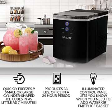 Igloo ICEB33BK Large-Capacity Automatic Portable Electric Countertop Ice Maker Machine, 33 Pounds in 24 Hours, 9 Ice Cubes Ready in 7 minutes, With Ice Scoop and Basket, Black