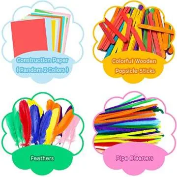 WATINC 1000Pcs DIY Art Craft Kit for Kids Creative Pompoms Pipe Cleaners Feather Foam Flowers Letters Crystal Sticker Felt Wiggle Googly Eyes Sequins Button Colorful Wooden Sticks Paper Party Supplies