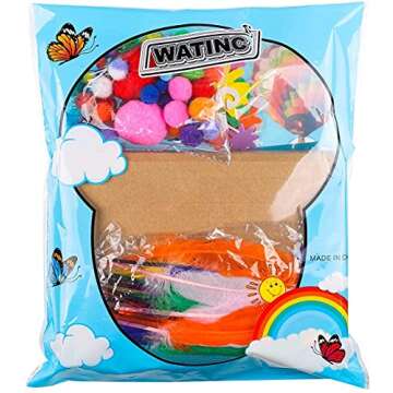 WATINC 1000Pcs DIY Art Craft Kit for Kids Creative Pompoms Pipe Cleaners Feather Foam Flowers Letters Crystal Sticker Felt Wiggle Googly Eyes Sequins Button Colorful Wooden Sticks Paper Party Supplies