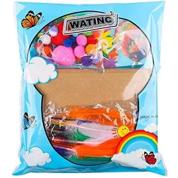 WATINC 1000Pcs DIY Art Craft Kit for Kids Creative Pompoms Pipe Cleaners Feather Foam Flowers Letters Crystal Sticker Felt Wiggle Googly Eyes Sequins Button Colorful Wooden Sticks Paper Party Supplies