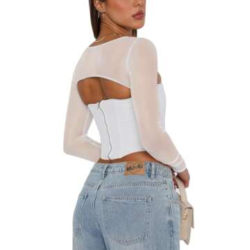 REORIA Women's Fall Fashion Mesh Long Sleeve Square Neck Boned Corset Tops Sexy Trendy Going Out Cro...