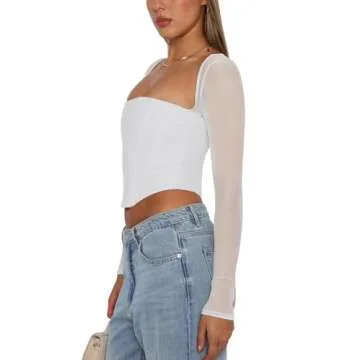 REORIA Women's Fall Fashion Mesh Long Sleeve Square Neck Boned Corset Tops Sexy Trendy Going Out Crop Tops Valentines Day Shirts (White Small)