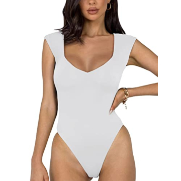 REORIA Women's Summer Sexy Casual V Neck Double Lined Sleeveless Bodysuit