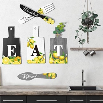 Qunclay 6 Pcs Lemon Cutting Board Eat Sign Set Fall Hanging Art Kitchen Eat Sign Lemon Knife Fork an...