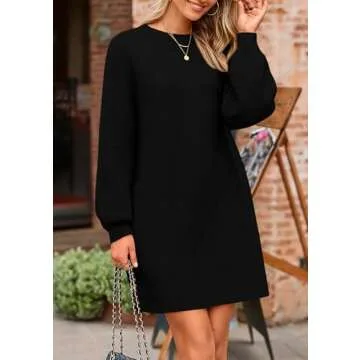 PRETTYGARDEN Women's Winter Pullover Sweaters Long Lantern Sleeve Crewneck Chunky Knit Slouchy Oversized Sweater Dress (Black,Medium)