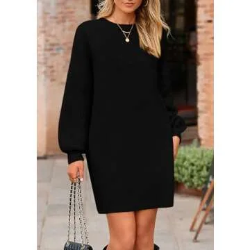 PRETTYGARDEN Women's Winter Pullover Sweaters Long Lantern Sleeve Crewneck Chunky Knit Slouchy Oversized Sweater Dress (Black,Medium)