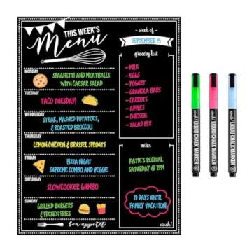 Cinch! 16x12-Inch Chalkboard Weekly Menu - Magnetic Meal Planner Board for Refrigerator - Reusable Black Menu Board with 3 Neon Liquid Chalk Markers - Weekly Food Planner for Kitchen Organization
