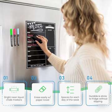 Cinch! 16x12-Inch Chalkboard Weekly Menu - Magnetic Meal Planner Board for Refrigerator - Reusable Black Menu Board with 3 Neon Liquid Chalk Markers - Weekly Food Planner for Kitchen Organization