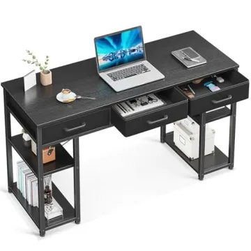 ODK Office Small Computer Desk: Home Table with Fabric Drawers & Storage Shelves, Modern Writing Des...