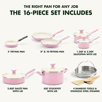 GreenPan Rio 16 Piece Cookware Set - Nonstick, Pink